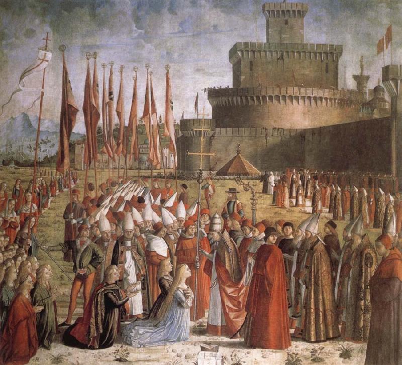 CARPACCIO, Vittore Scenes from the Life of St Ursula:The Pilgrims are met by Pope Cyriacus in front of the Walls of Rome oil painting image